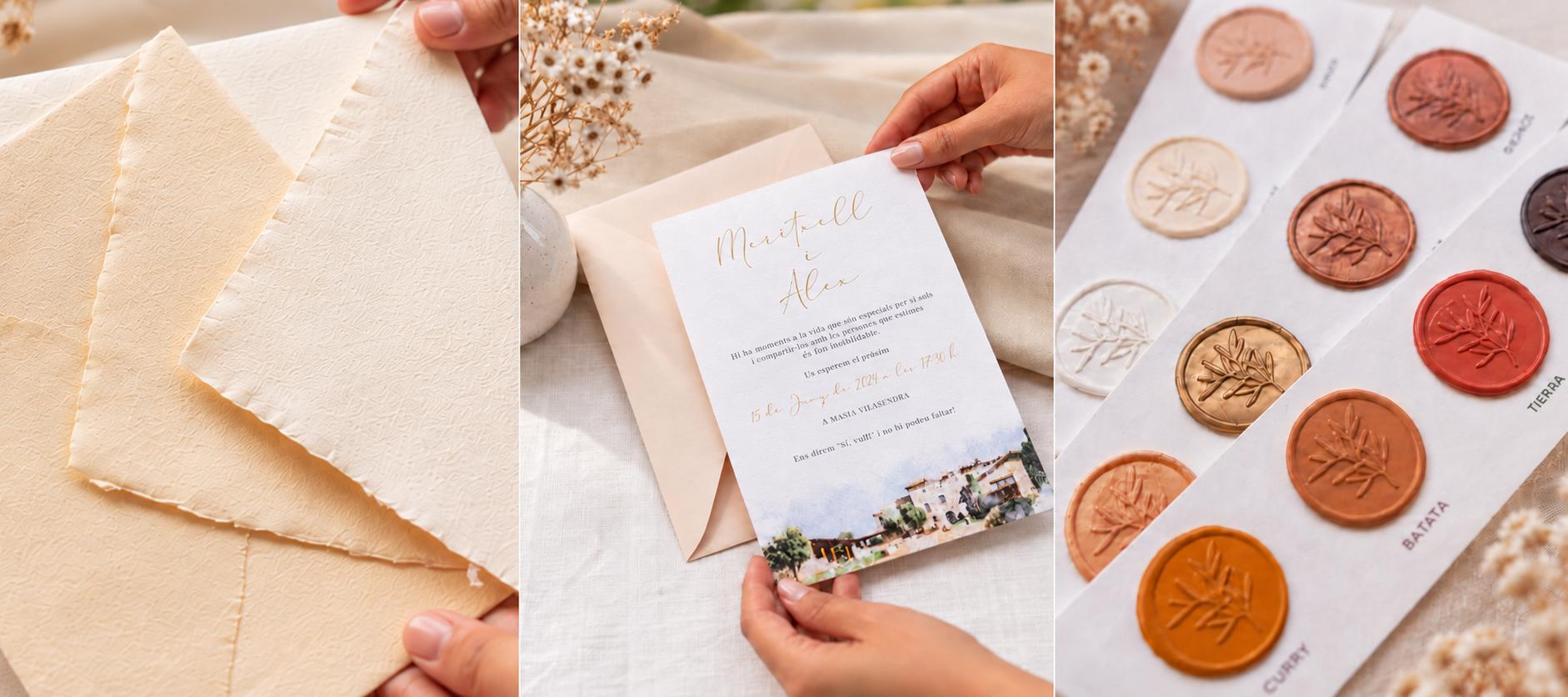 Sobres de papel artesanal, invitación de boda personalizada y lacres de colores de PapeleriaBoda
